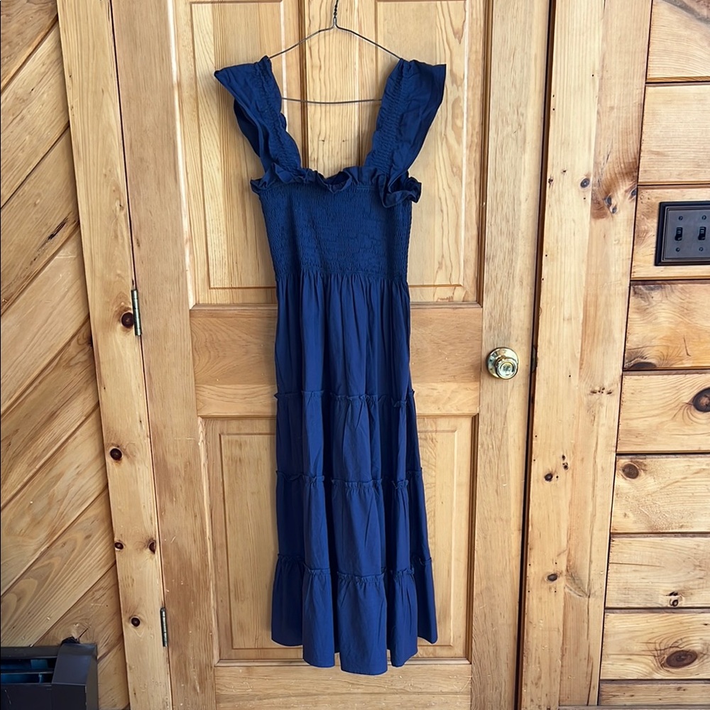 Navy blue tiered smocked Nap dress with flutter sleeves